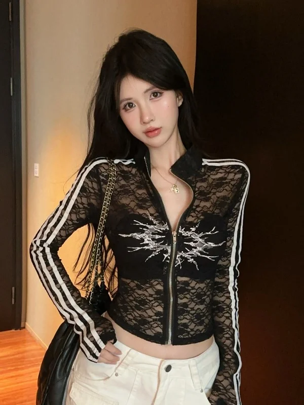 

High Collar Lace See through Slimming Short Cardigan Women's Summer Sexy Striped Open Front Zipper Casual Breathable Fashion