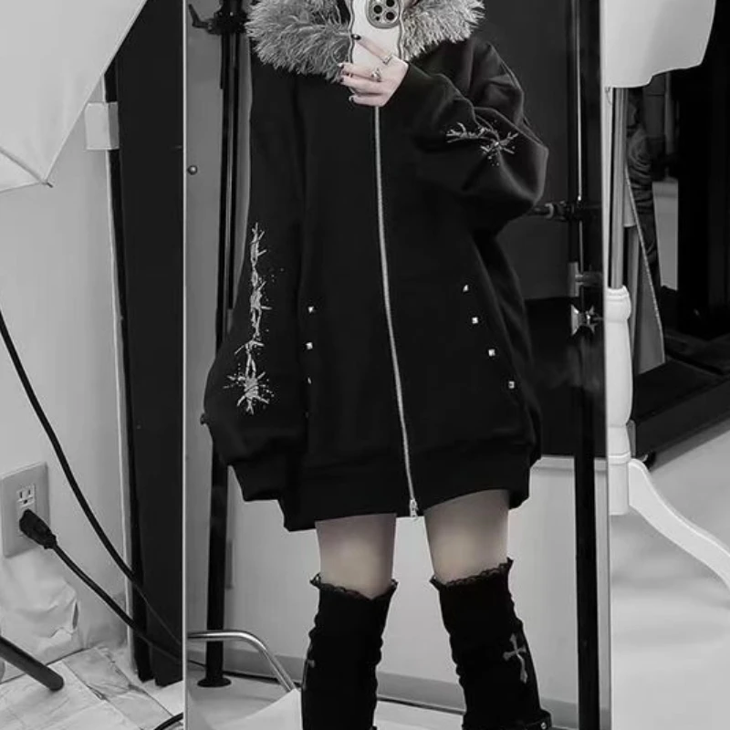 Japan Dark Gothic Fur Patchwork Hooded Coat Y2k Aesthetic Women Print Oversized Hoodies Csual Grunge Double Zippers Sweatshirts