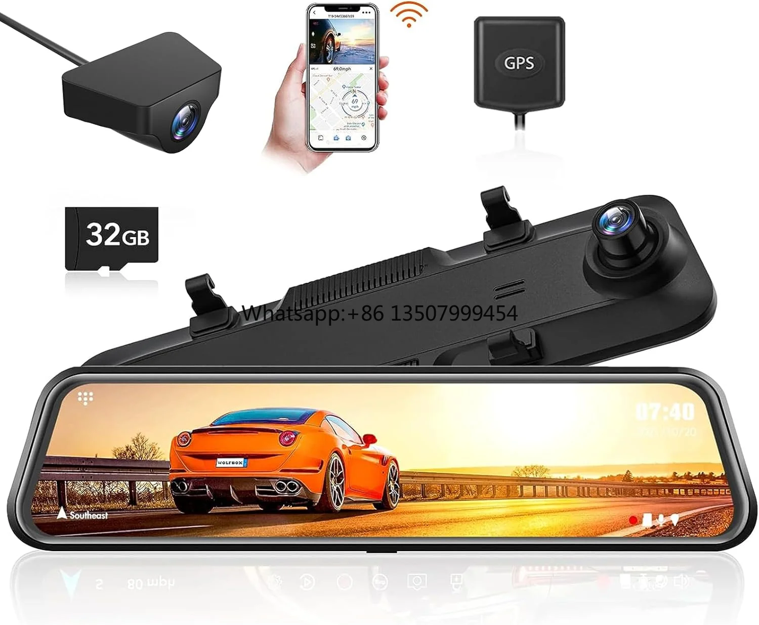 

Wolfbox G840H 2.5K 12 Inch Touch Screen Mirror Front and Rear Dual Car Camera Dash Cam With Gps