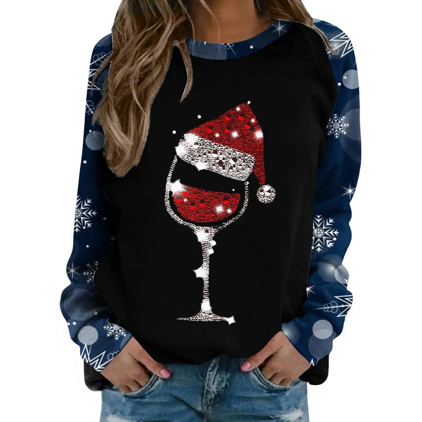 Ladies Christmas Print Casual Sweatshirt Round Neck Long Sleeve Raglan Sweatshirt Top Autumn Winter Leisure Outfit Casual Wear