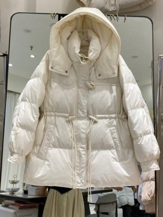 冬の新作レディースダウンジャケット、ゆったりとしたフード付き、レースアップ、ホワイトダックダウンジャケット