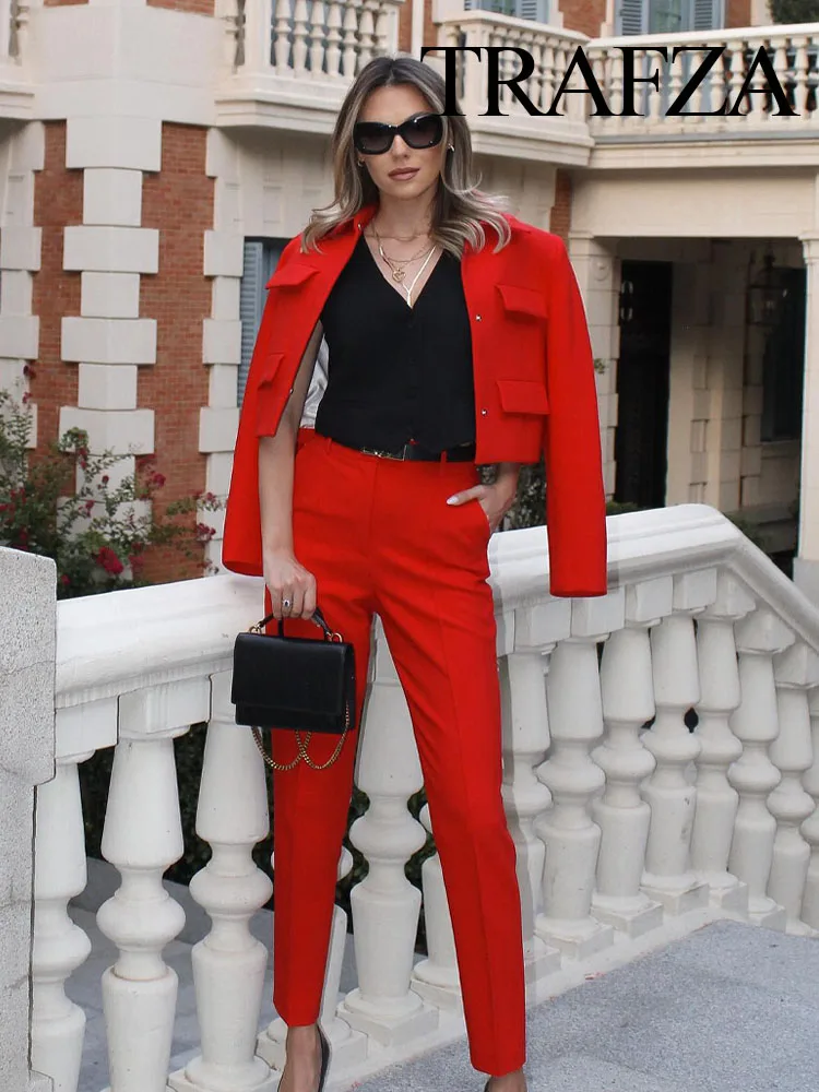 TRAFZA Autumn Women Fashion Single Breasted Turn Down Collar Red Coats+Female Chic Casual Office Lady Slim Pants 2 Piece Suit