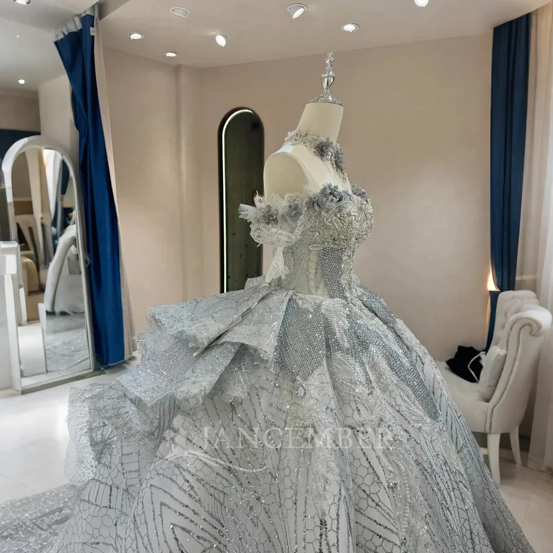 글리터 웨딩 드레스 스팽글 비딩 볼 가운 짧은 소매 스쿱 브라이드 레이스업 백 러플 맞춤형 웨딩 드레스