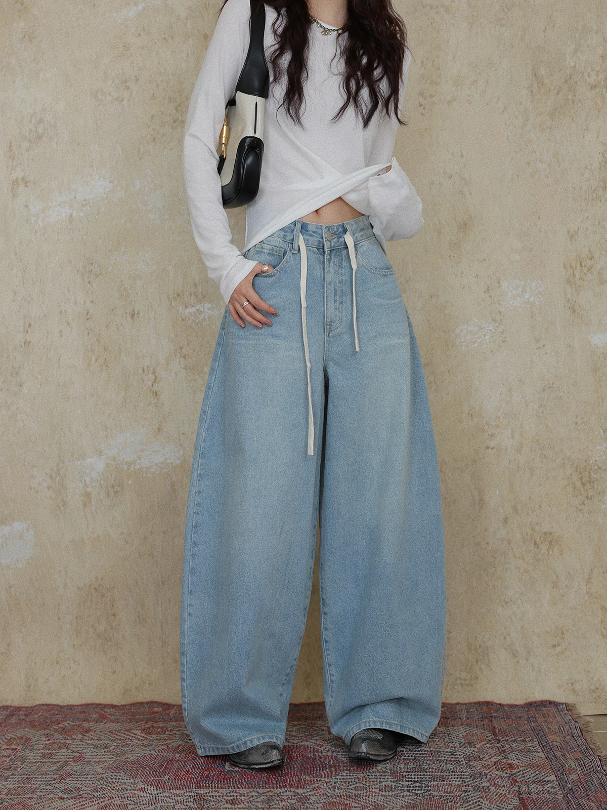 

Retro Waed Loose Wide Leg Knife Pants Dstring Design Blue Jeans Women Spring Versatile Slimming High Waist Cotton
