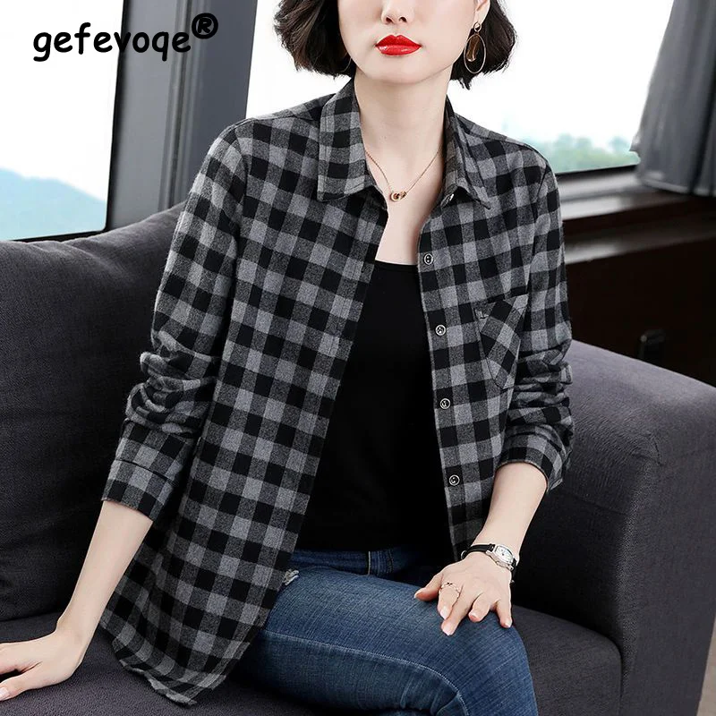 Plaid Print Casual Long Sleeve Button Up Shirts Spring Autumn Fashion Cotton Loose Top Blouse Women Blusas Mujer Clothing 2023