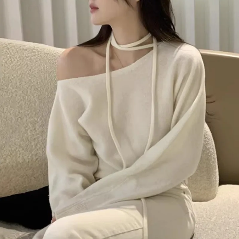 Sexy Pullovers for Women All-match Solid Soft Minimalist Off Shoulder Casual Spring Autumn New Long Sleeve Warm Korean Style Ins