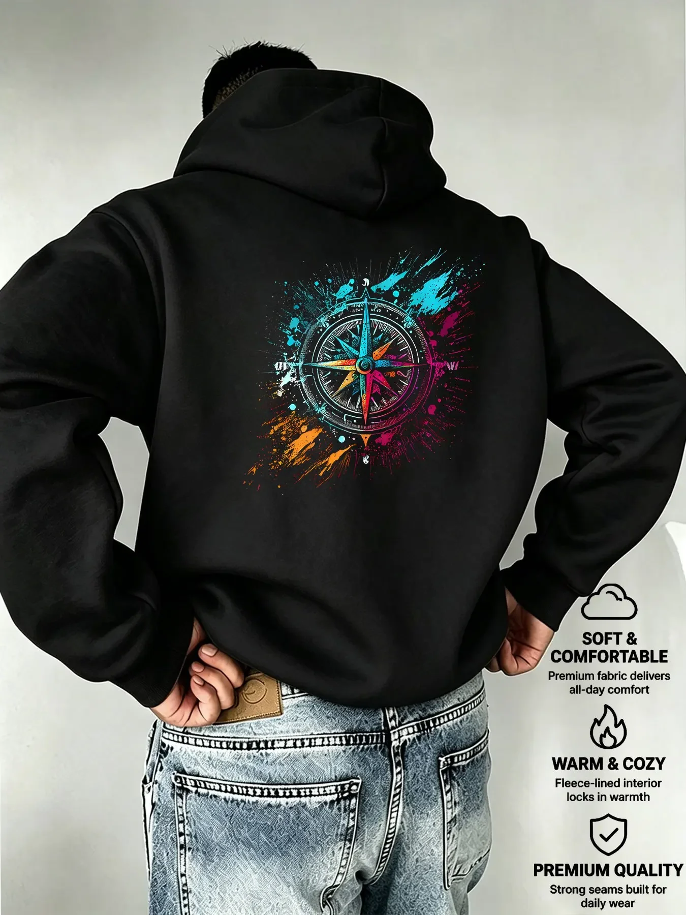 Loose-fitting Men's Hoodie with a Vibrant Ink Splatter Retro Compass-style Rose Art Pattern, Featuring a Warm Fleece Back.