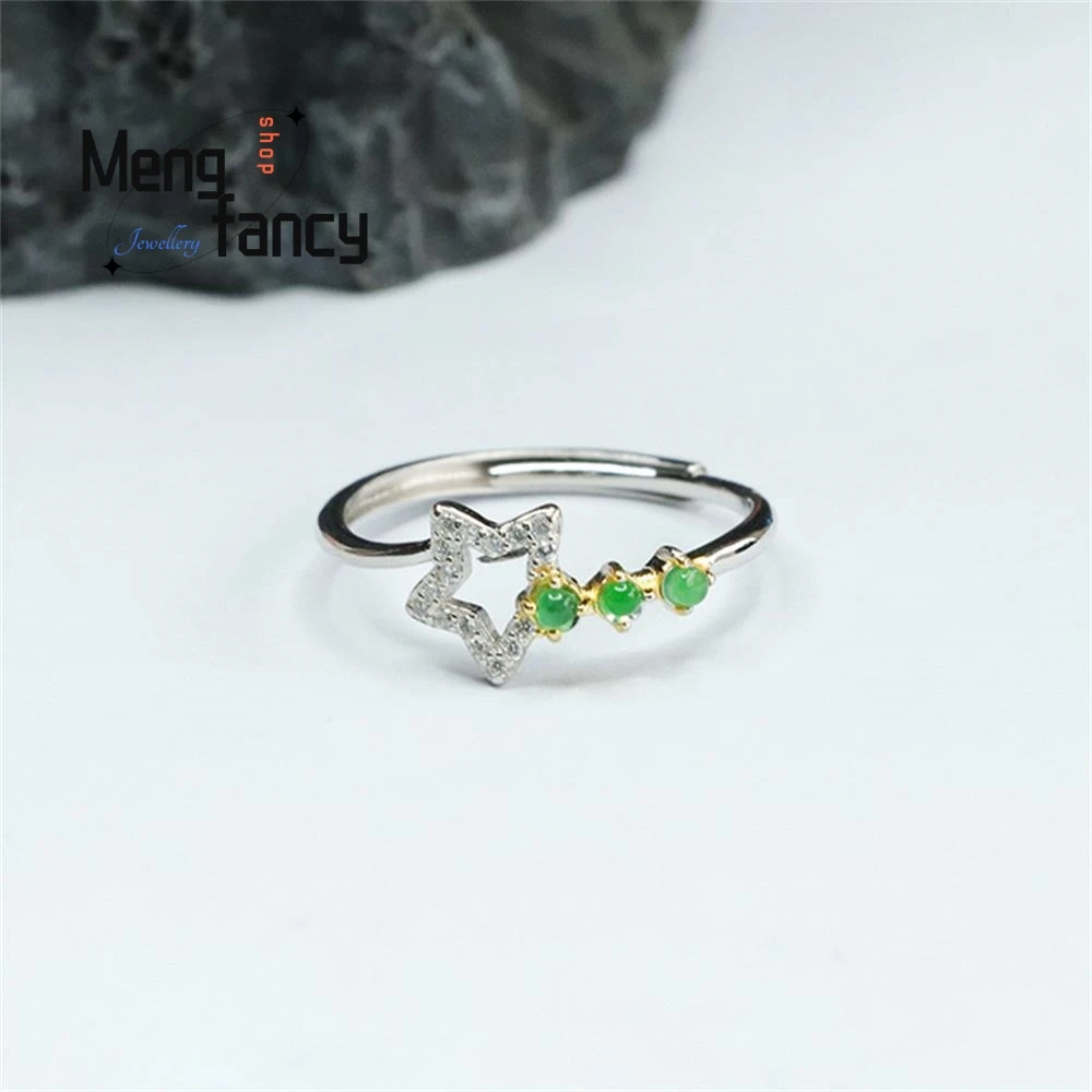 S925 Silver Inlaid Natural Jadeite Stars Ice Type Imperial Green Ring Exquisite Elegant Simple High-grade Luxury Fashion Jewelry