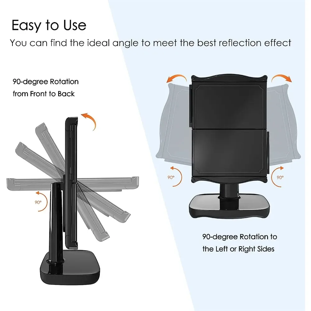 Miroir de maquillage éclairé avec lumières à intensité variable, miroir cosmétique de vanité LED à trois volets grossissant 3x/2x/1x, commande tactile 90 °   Rotation