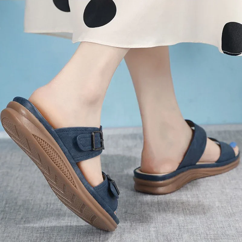 Summer Women 1.5 Platform 2.5cm Wedges Low Heels Slippers Female Soft Leather Flats Shoes Lady Fashion Metal Buckle Strap Slides