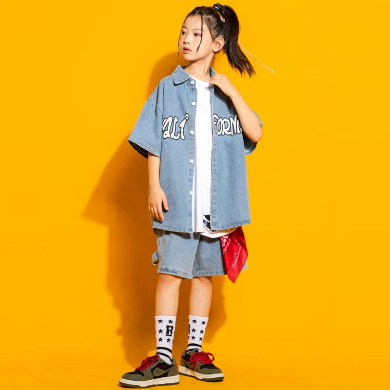 Kids Hip Hop Dancing Clothes for Girls Boys Jazz Dancewear Street Dance Wear Ballroom Costumes Fashion Denim Jeans Shirt Shorts