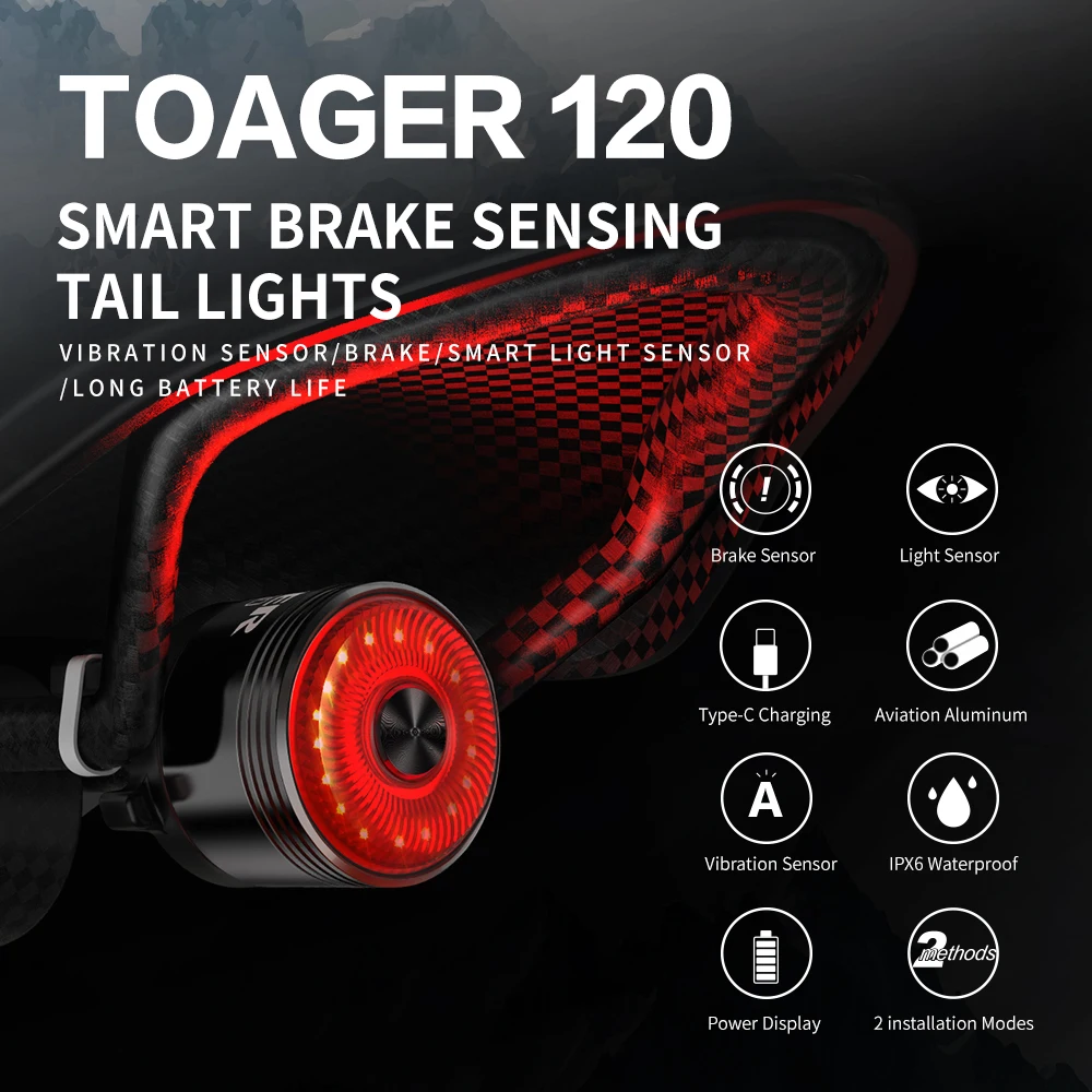 

TOAGER 120 New Smart Bicycle Rear Light Auto Start/Stop Brake Sensing IP6 Waterproof LED Cycling Taillight