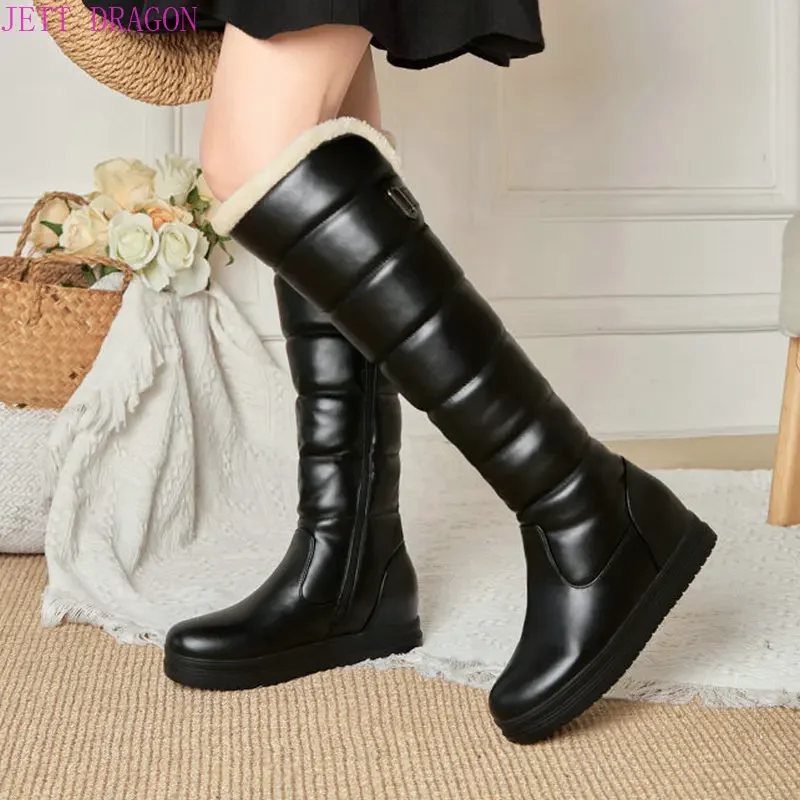 2024 Women Winter Warm Knee High Boots Platform Height Increasing Ladies Snow Boots PU Leather Side Zipper Round Toe Women Boots