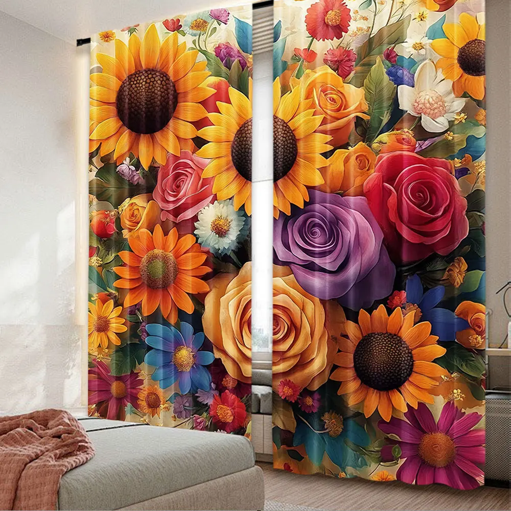 2Pcs Colorful Curtain Spring Happiness Of Farmhouse Concept Art Sunflower And Rose Huddles Suitable For Bedroom Bathroom Dining