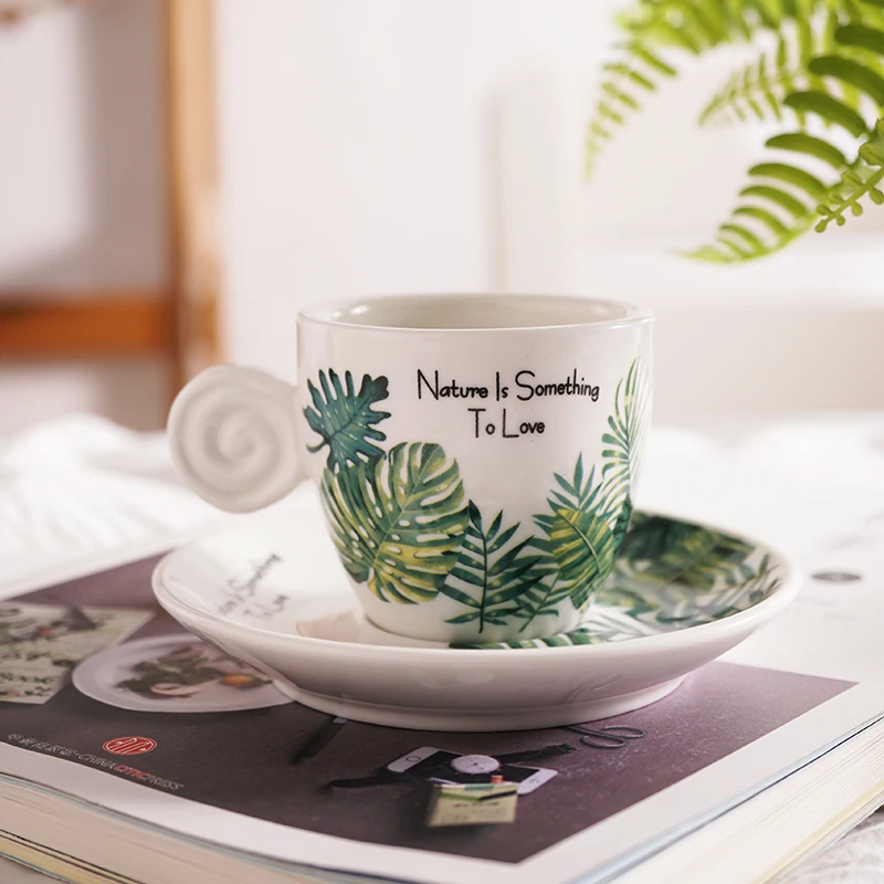 Taza de Cé Espro de Cerámica Estilo Nórdico mata, Diseño Fresco con Hoja de Bambú y Caparazón de Tortuga, Taza It...
