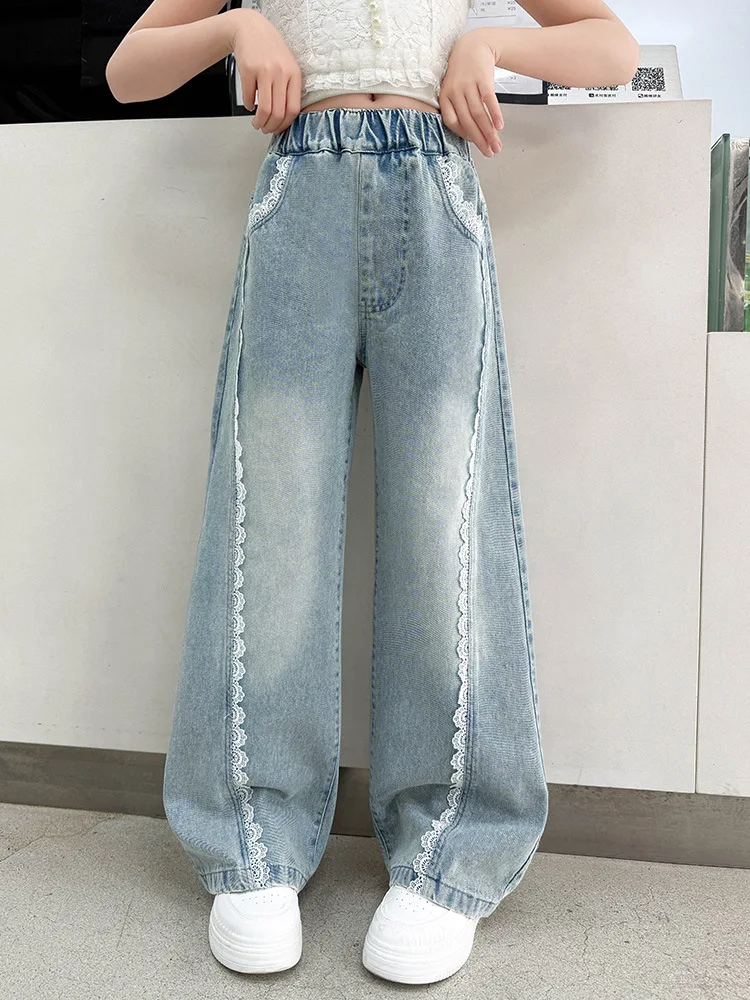 Teens Girls Fashion Jeans Children's Summer Thin Side Strip Wide Leg Pants Tween Kids Loose Wide Jeans Children Casual Trousers