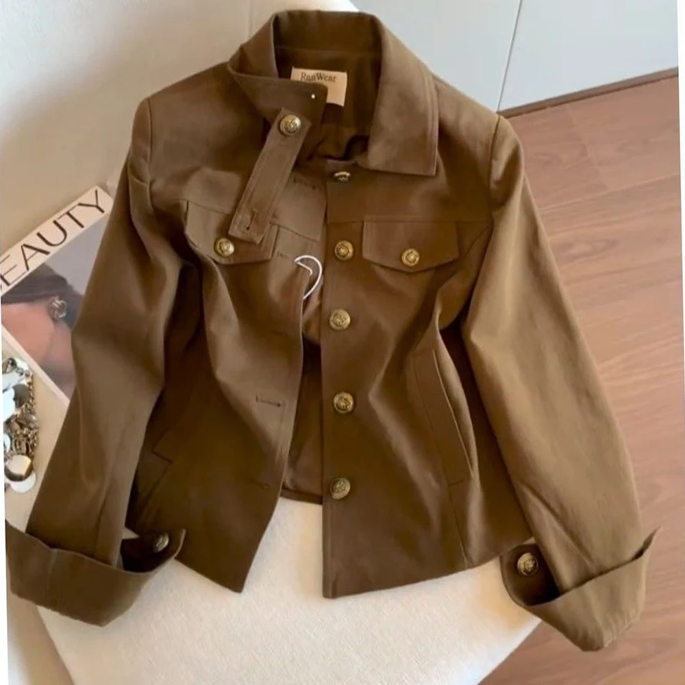 Foreign Style Age-reducing Retro Lapel Tooling Women's Early Autumn Thin Brown Design Casual Top