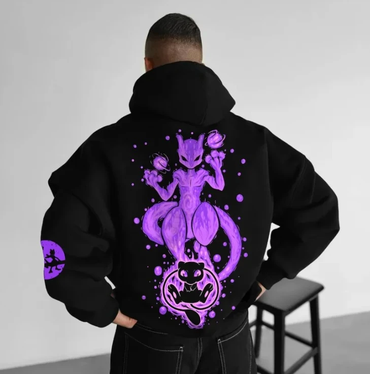 Sudadera con capucha para hombre streetwear de gran tamaño fluorescente púrpura pokemon mewTwo estampado casual 2025 Otoño/Invierno algodón
