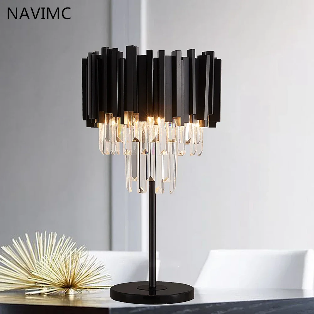 NAVIMC Modern Bedroom Table Lamp Black Polished Steel Crystal Desk Decor Light fixtures Living Dining Room luminaria de mesa