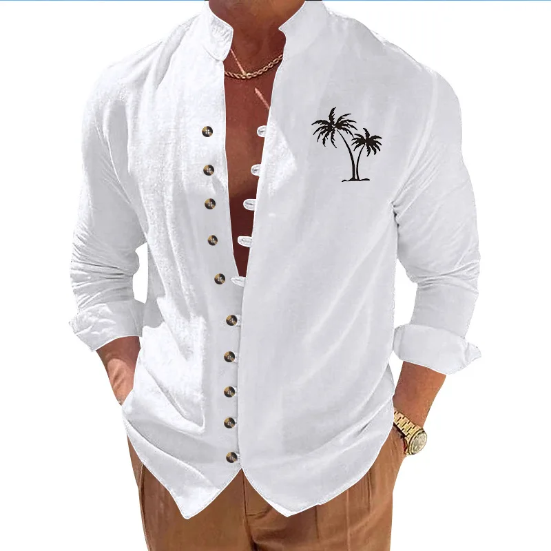 Cross-border Autumn Explosion Coconut Palm Casual Print Retro Stand-up Collar Long-sleeved Button-up Men's Shirt