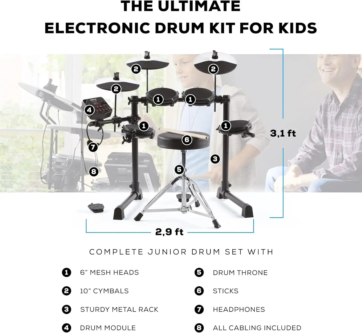 Drums Debut Kit – Kids Set With 4 Quiet Mesh Electric Pads, 120 Sounds, Stool, Sticks, Headphones and