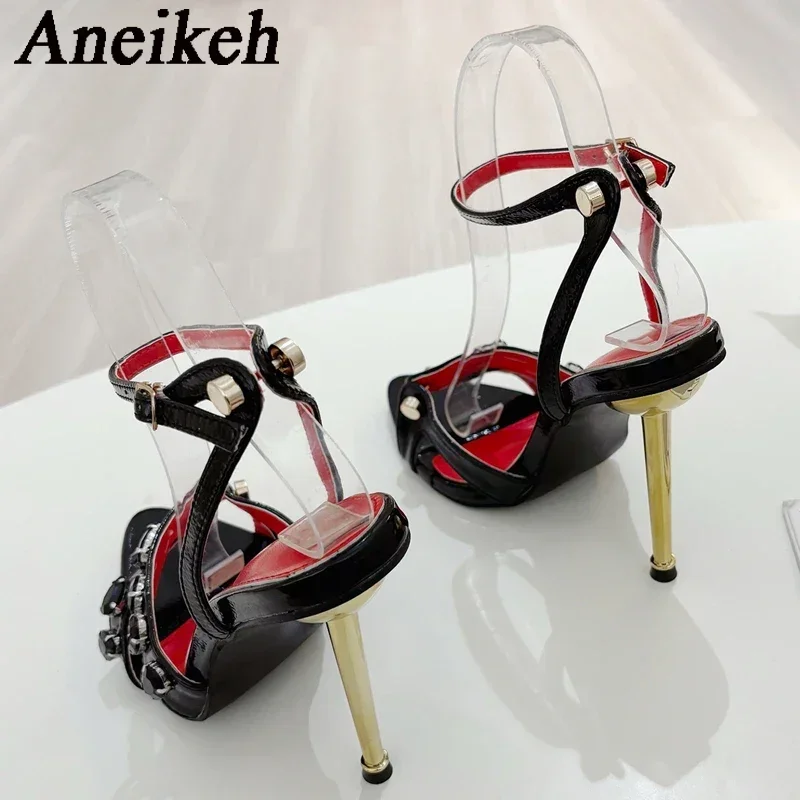 Aneikeh Thin Heels Head Pointed Toe Bling Sandals Party Women Pumps Shoes Totem Buckle Strap Summer Fashion PU Metal Decoration
