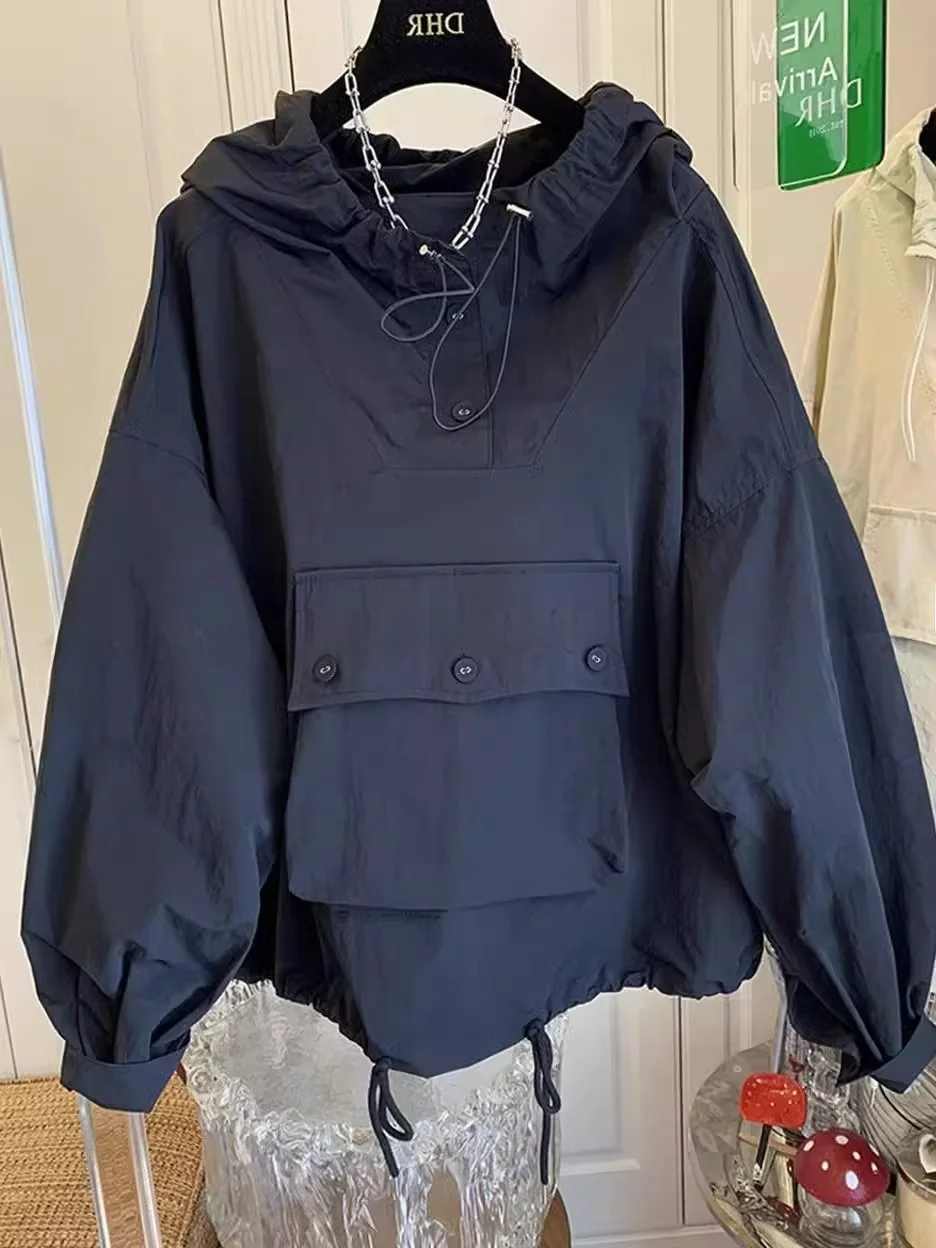 plus Size Workwear Shirt Women's Loose Fitting Hooded Jacket Large Pocket Trendy Brand Autumn Outerwear Polyester Fiber