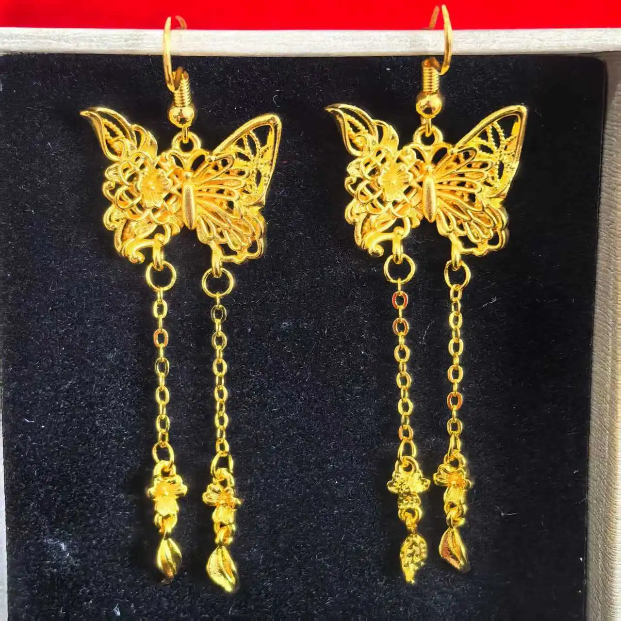 

Real Kt 18 Gold Color Butterfly Shape Long Earring for Women Girl Elegant Drop Earrings Party Birthday Jewelry Gifts