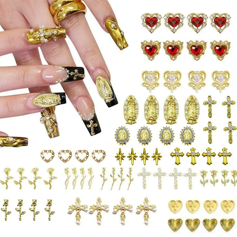 72pcs Gold Nail Charms Set with Gold Cross, Hearts, Rose, and Virgin Mary - Y2K 3D Chrome Nail Decorations