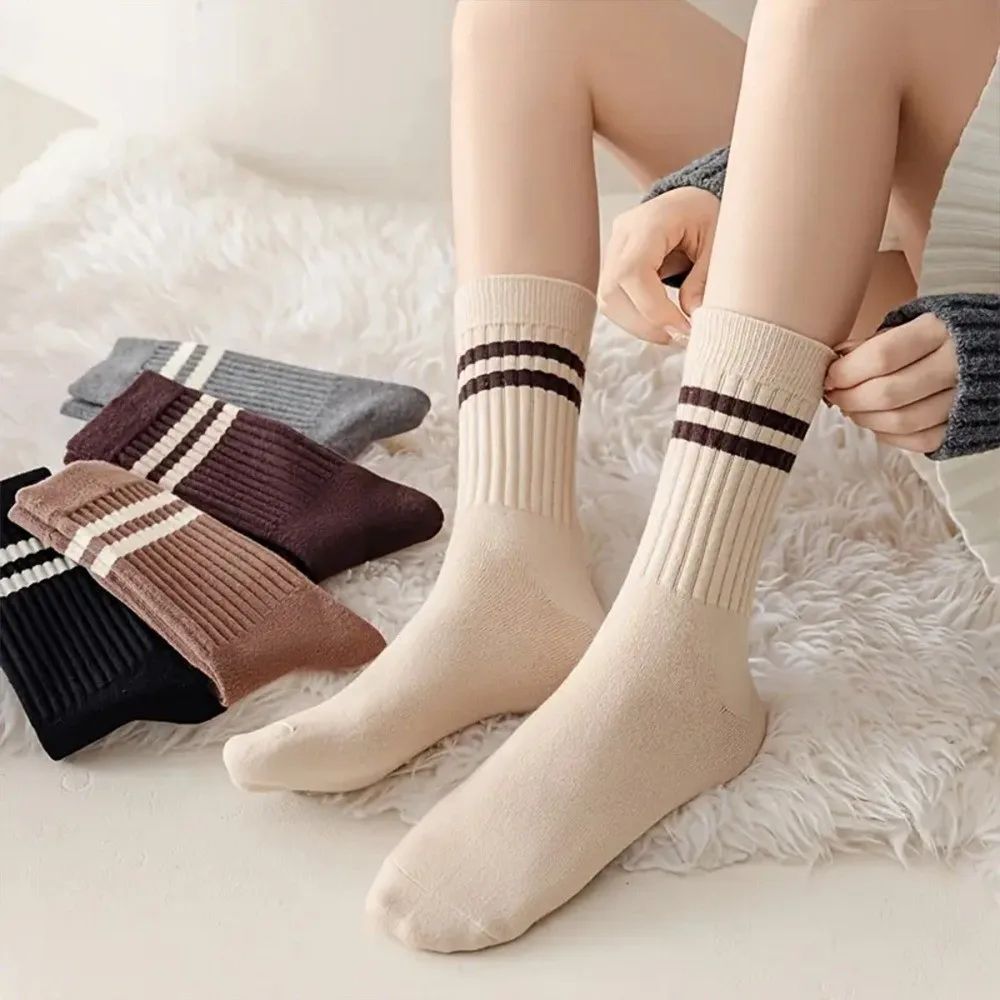 

5paris Retro Soft Stripe Socks Elastic Breathable Cotton Socks Sweat-Absorbing Hosiery Calf Socks All Seasons