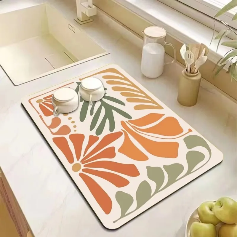 VIKAMA Fresh Floral Dish Drying Mat for Kitchen Counter & Coffee Corner, Water Absorbent & Machine Washable Home Decor