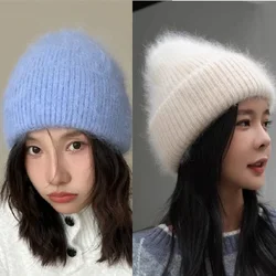 Women's Fluffy Beanies Peas Angora Rabbit Fur Knitted Hat Warm Thickened Soft Woolen Cap Shiny Couple Knitwear for Autumn Winter