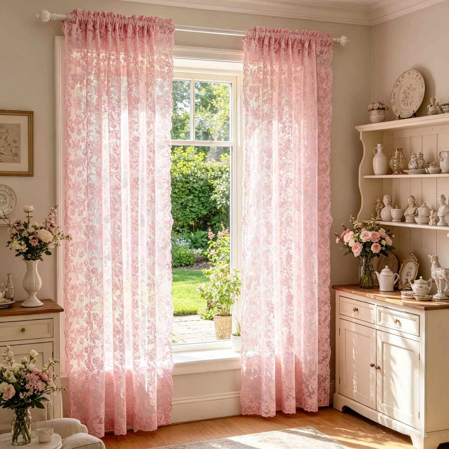 1PC Pastoral Pink Lace Floral Embroidery Sheer Curtain for Living Room, Balcony, Kitchen, Study, Cafe Window Mesh Drape Blinds