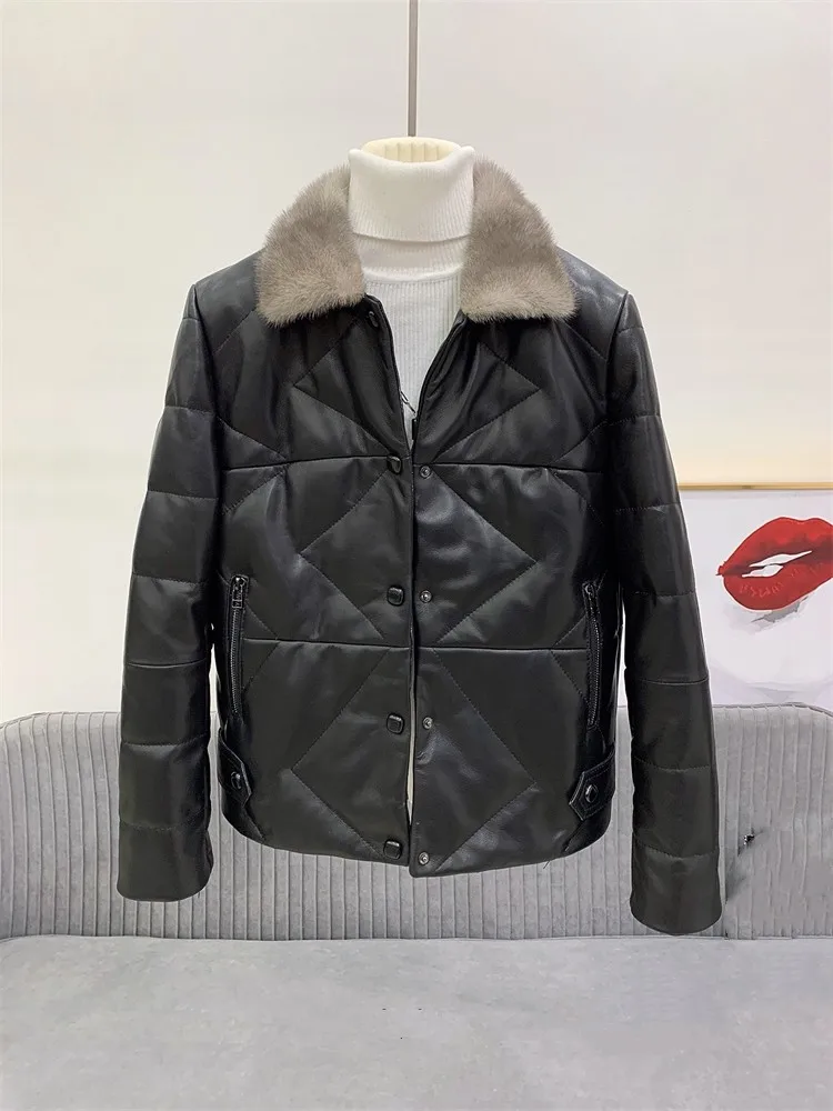 Winter Women Genuine Leather Down Coat Real Fur Collar Sheepskin Coat Thick Warm Single Breasted Casual Jacket Female Outerwear