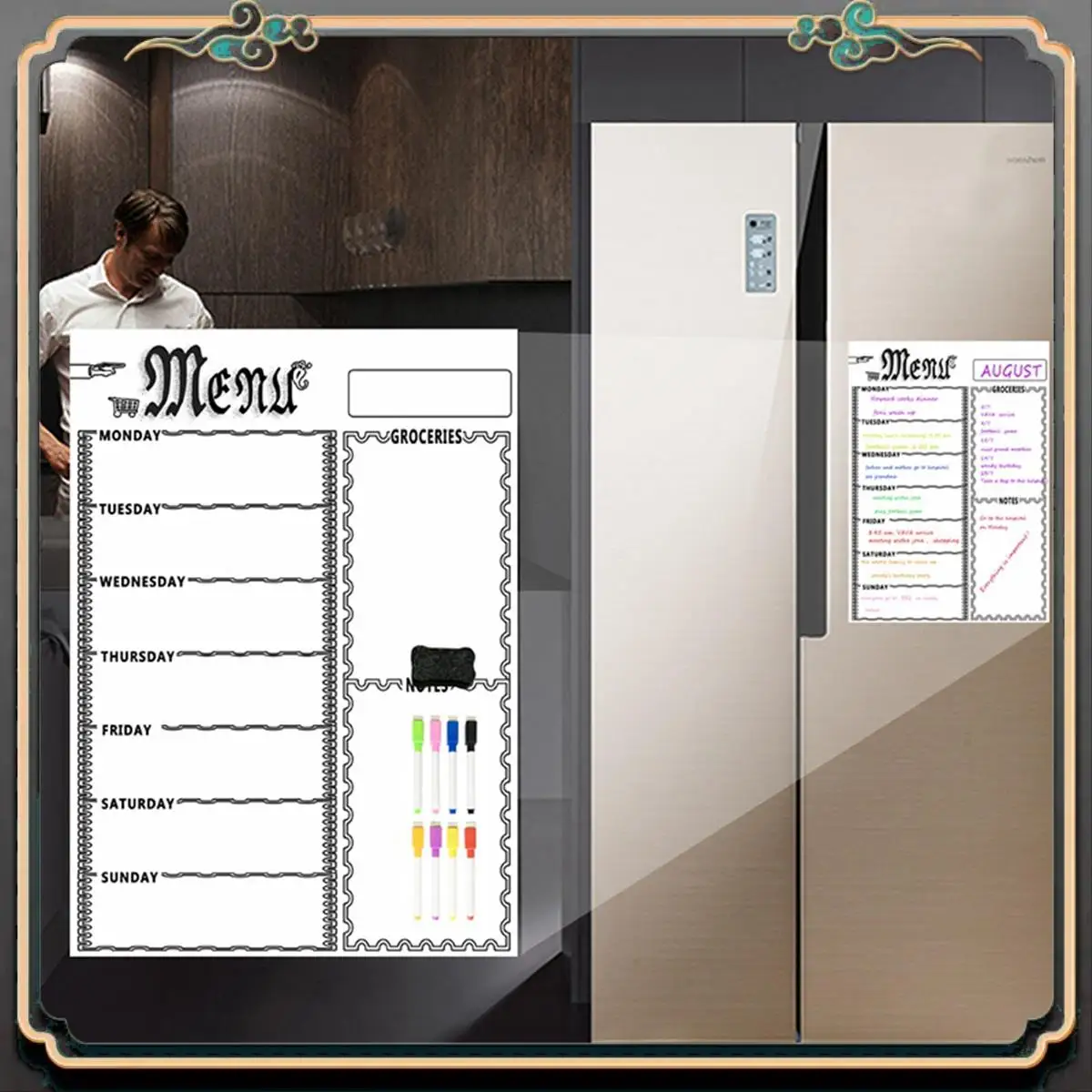 ASMA-2Set A3 Magnetic Whiteboard Sheet For Kitchen Fridge Multipurpose Fridge Weekly White Board Calendar (Black&White)