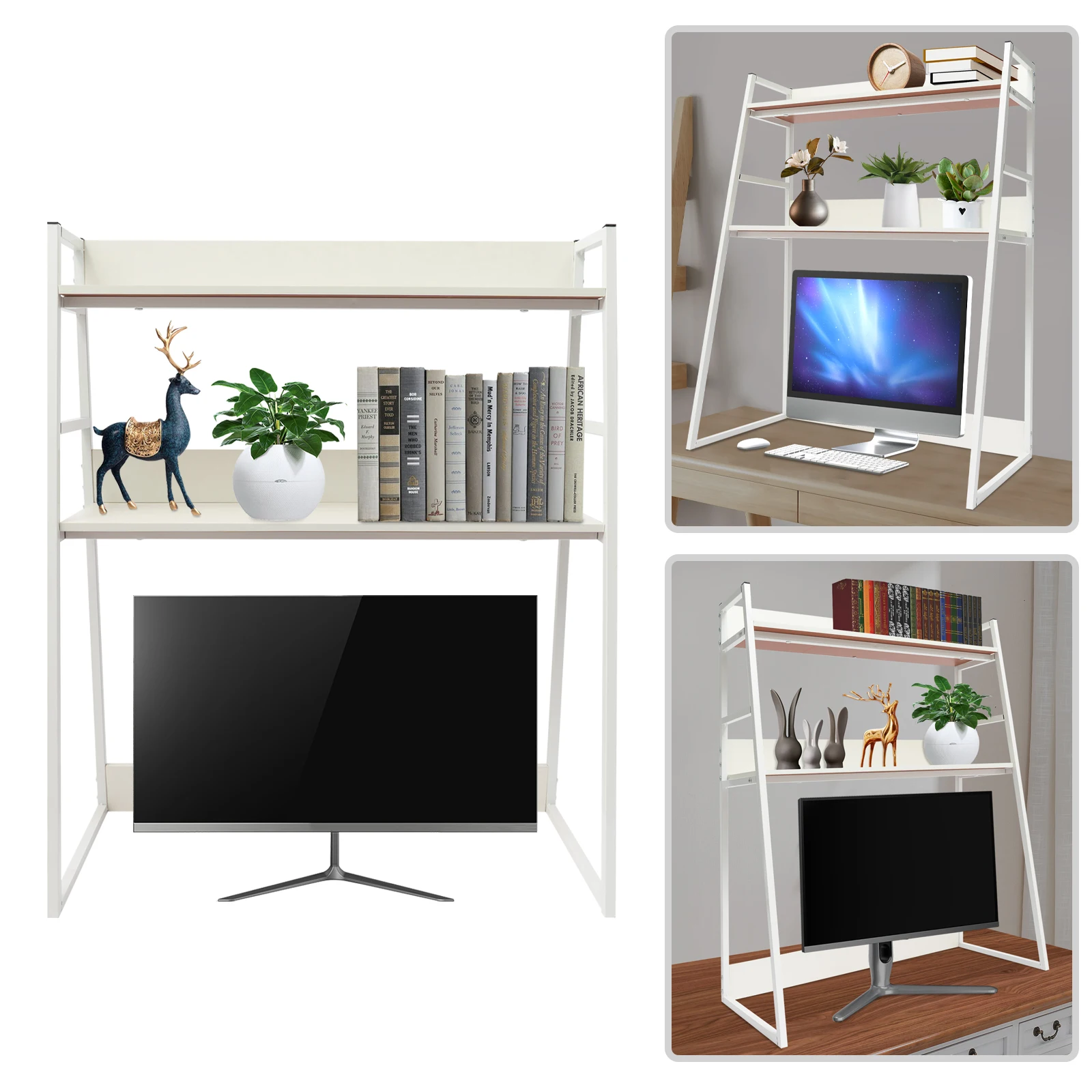 White MDF Wrought Iron 75x32x90cm Trapezoidal Desktop Bookshelf Double-layer Large-capacity Storage Desktop Shelf