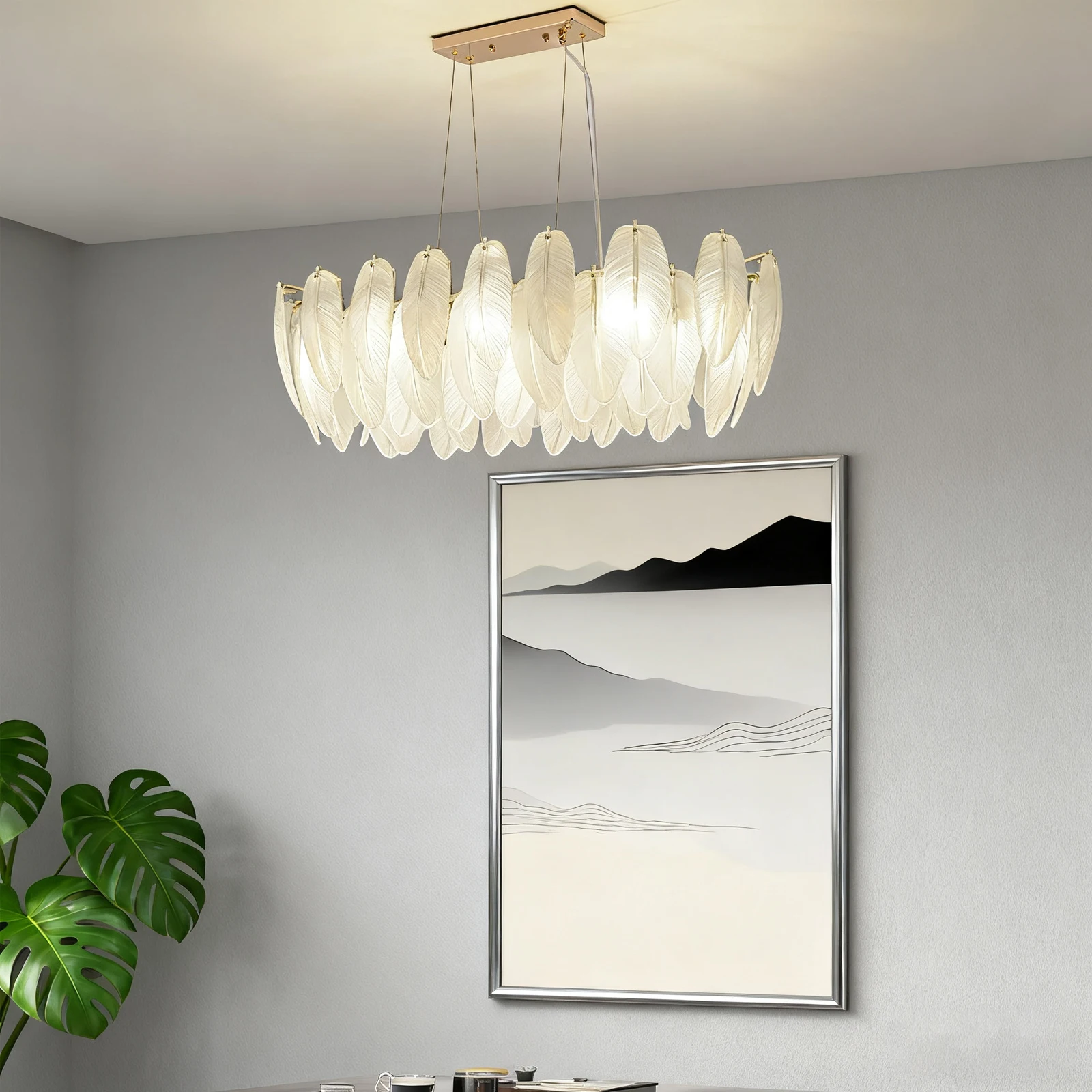 Coastal Luxury Villa Chandelier Feather Glass Gold Steel For Living Room Bedroom Pendant Lights Home Decor Lighting Fixture