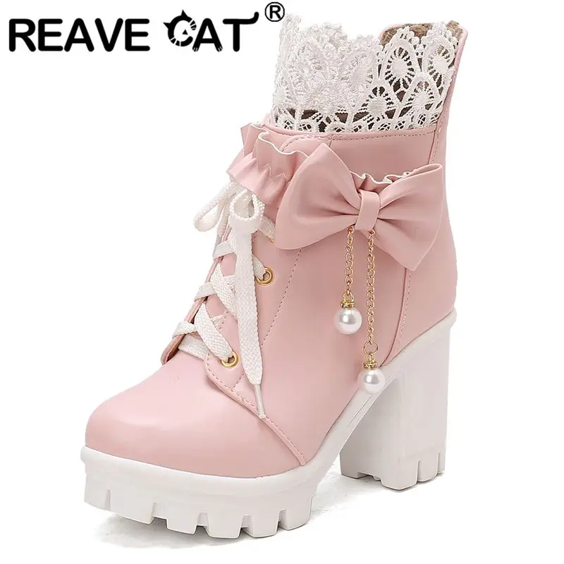 

REAVE CAT Lolita Style Women Ankle Boots Round Toe Block Heels 8cm Platform 3.5cm Lace Up Bowknot Big Size 41 42 43 Sweet