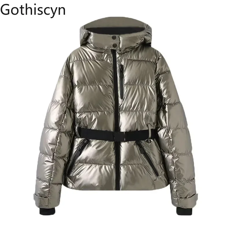 Gothiscyn Long-sleeved Cotton Jacket Women's Autumn and Winter Hooded Stand Collar Zipper Belt Jacket Fashion Female Clothes
