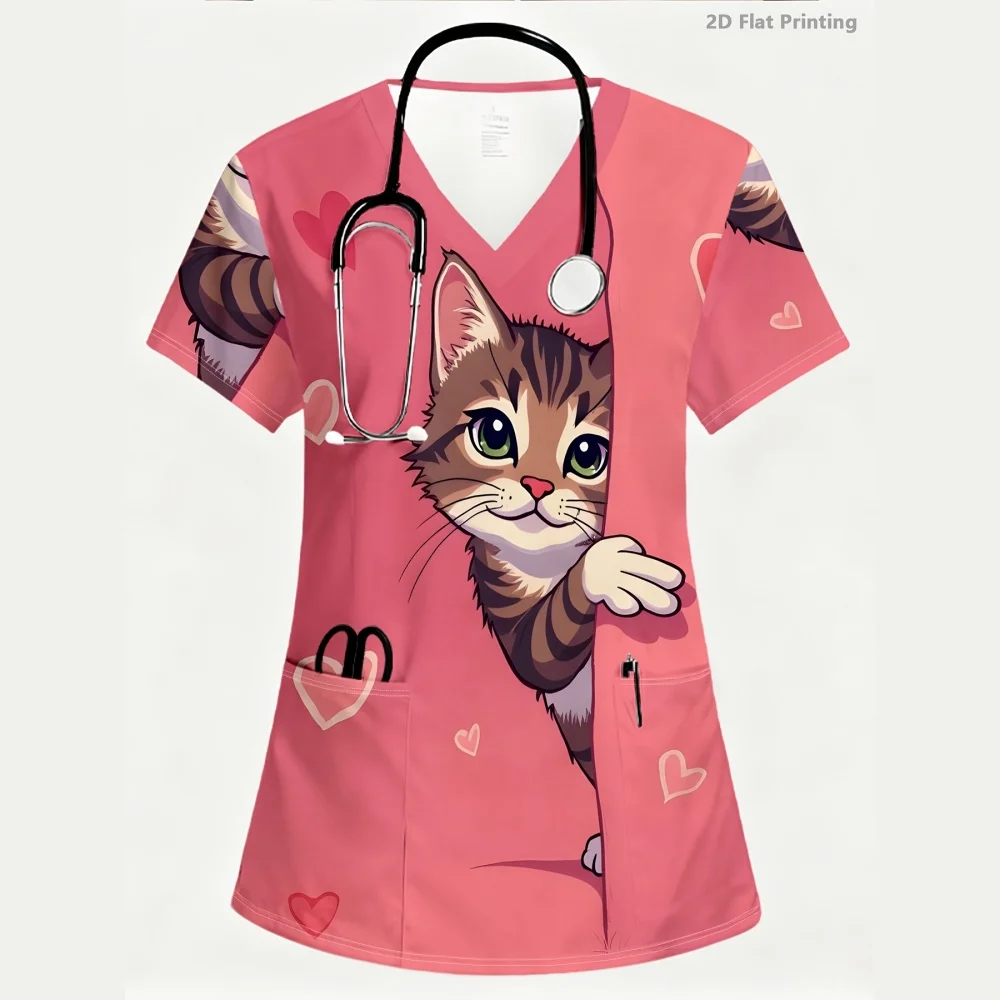 uniformes-cirurgicos-femininos-blusa-de-trabalho-com-decote-em-v-e-manga-curta-tecido-macio-adequado-para-consultorios-dentarios-e-pet-shops-estampa-de-coracoes-rosa-camiseta-de-trabalho-feminina