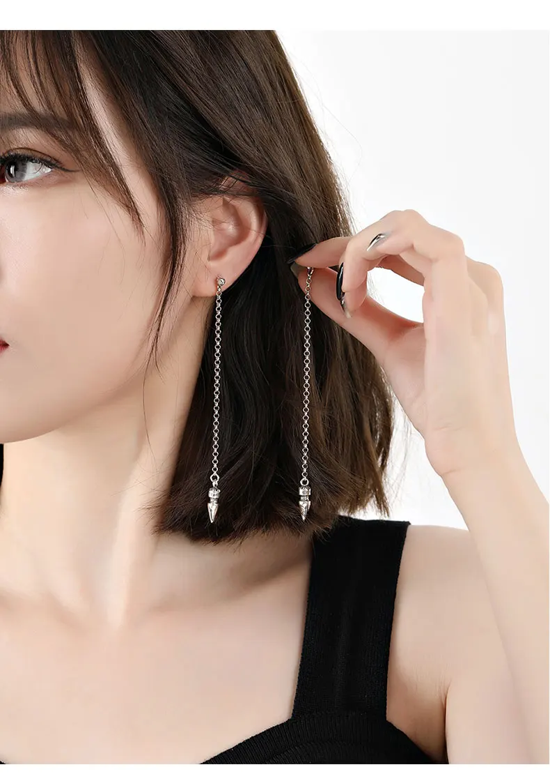 Girls' temperament long tassel earrings and earrings 925 sterling silver couple punk personality rivet bullet head earrings tren
