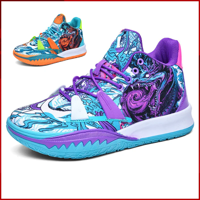 Mix Color Mid Cut Basketball Sneakers Size 36-45 Dragon Totem Pattern Training Gym Athletic Basketball Sneakers