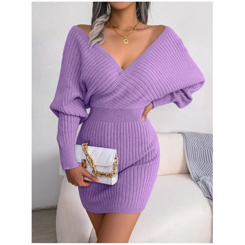 Autunno e inverno da donna sexy scollo a V incrociato manica a pipistrello avvolto sull\'anca abito maglione a maniche lunghe pullover gonna a tubino