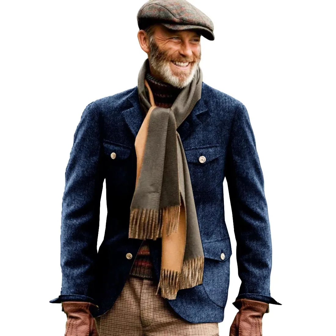 Vintage British Herringbone Sport Coats Tweed Tweed Hunting Casual Stand Collar Multiple Pockets Jacket Men's Suit Thick Blazers