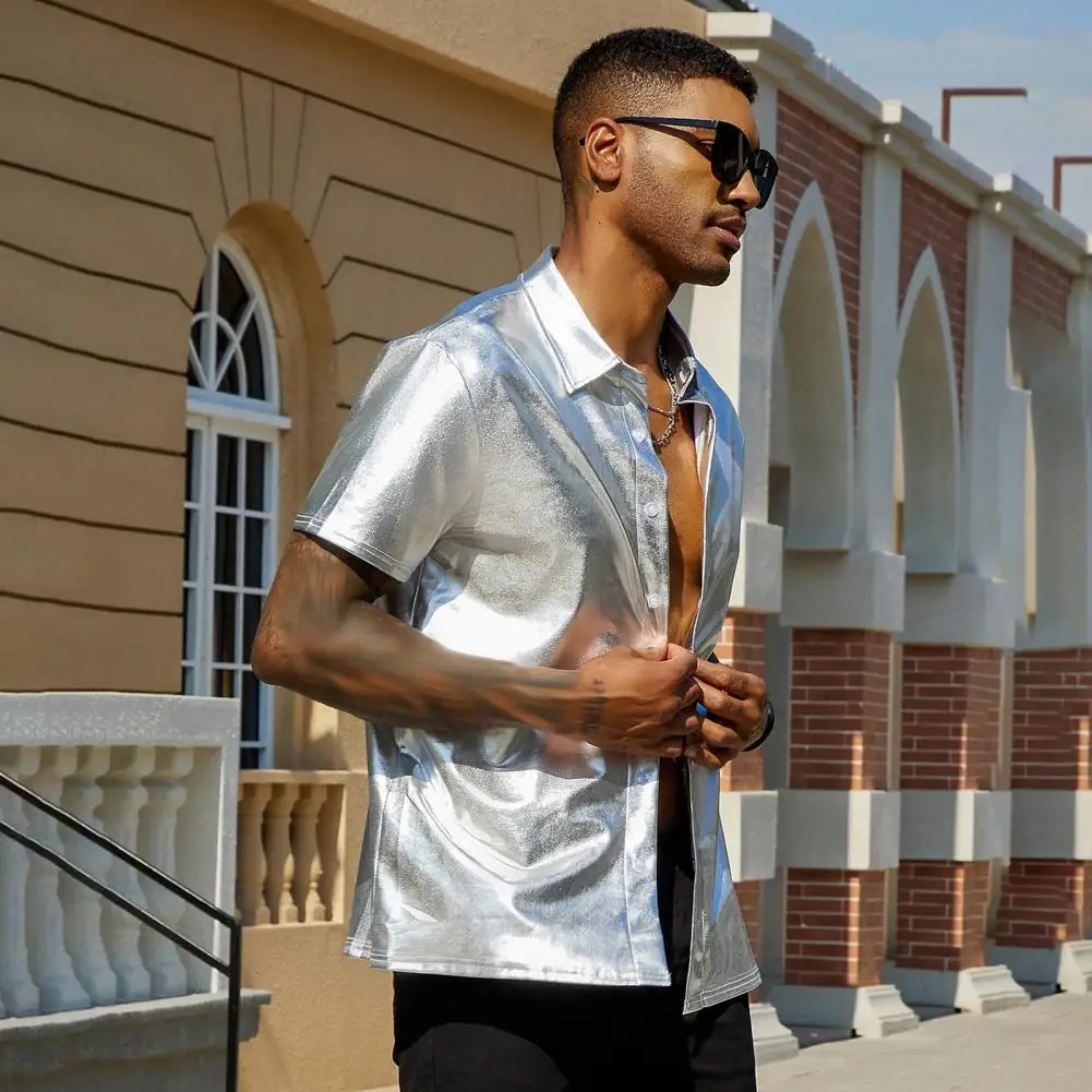 

2025 Summer Men Shirt Glossy Surface Bright Face Nightclub Design Dynamic, Fashionable And Sexy Men's Short Sleeved T-shirt
