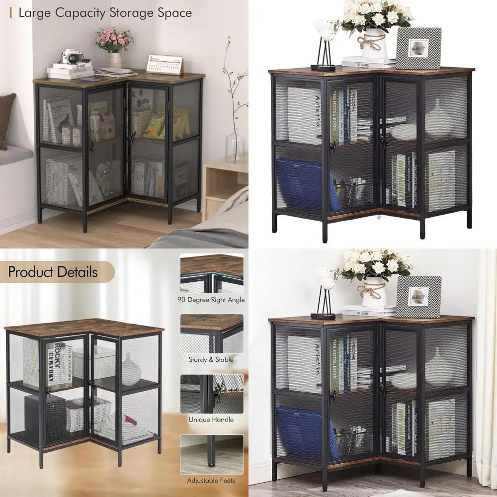 

3 Tier Corner Storage Cabinet with Metal Mesh Doors, Short Corner TV Stand Shelf for Compact Space, Living Room, Kitchen, Home O