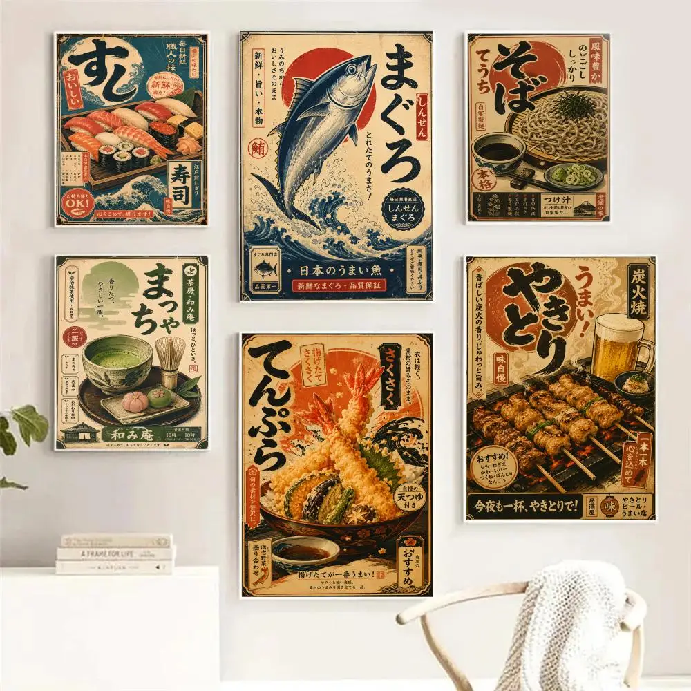 Vintage Japanese Fish Sushi Lamian Noodle Calligraphy Picture Room Home Bedroom Interior Wall Decoration Canvas Poster Art Mural