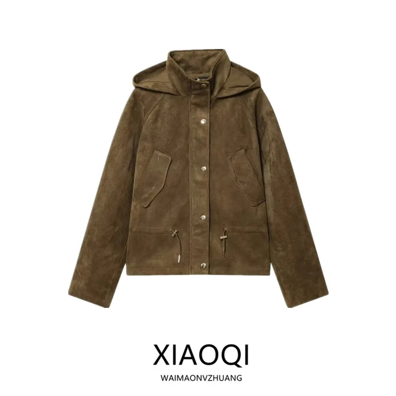 Fall 2025 New Women's Fashion Stand Collar Faux Leather Effect Hooded Jacket Coat Long Sleeve Short Style Button Closure