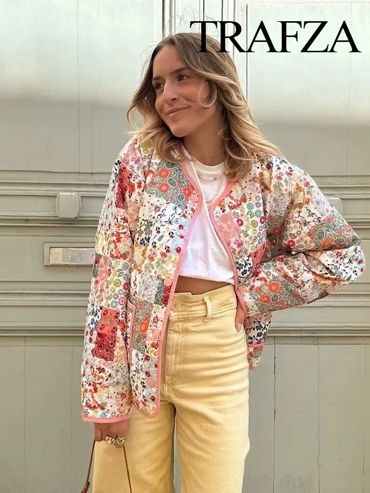 TRAFZA Autumn Women Fashion Floral Print Quilted Jacket O Neck Long Sleeve Female Chic Casual Loose Outerwear Streetwear Mujer