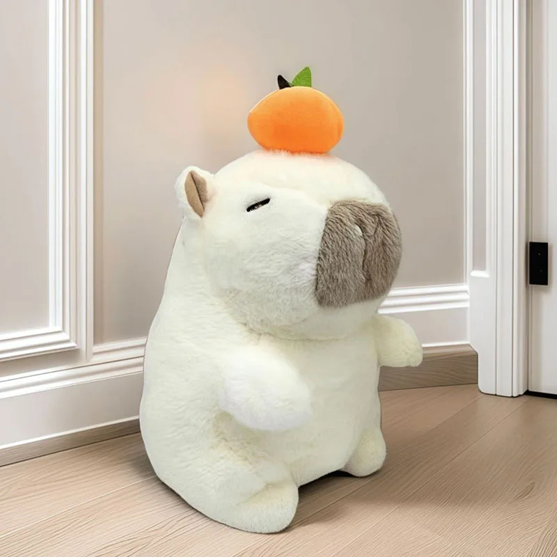 Kawaii الأبيض كابيبارا ألعاب من نسيج مخملي مع زخرفة الفاكهة البرتقال دمية محشوة ناعمة على شكل حيوان لطيف كابيبارا وسادة هدية عيد ميلاد للطفل